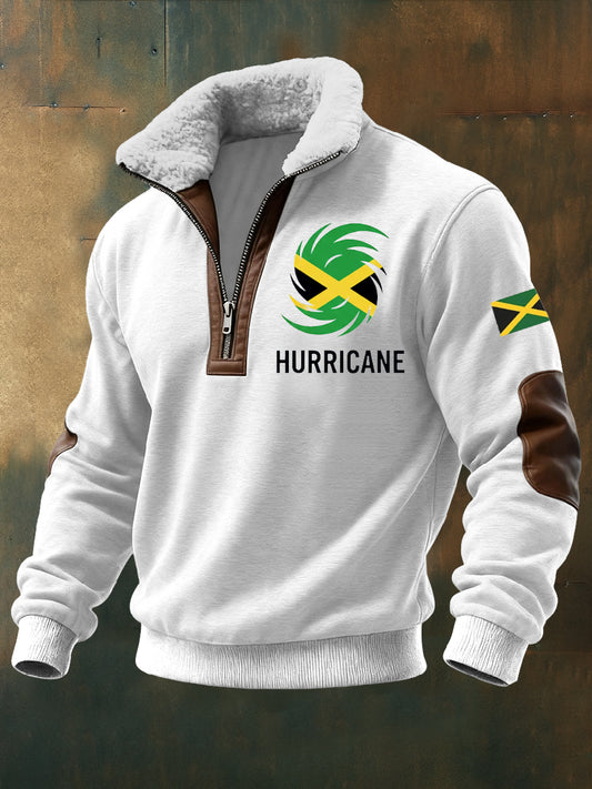 Men's Hurricane Melissa Printed Long Sleeved Stand Up Collar Lambhair Zipper Top