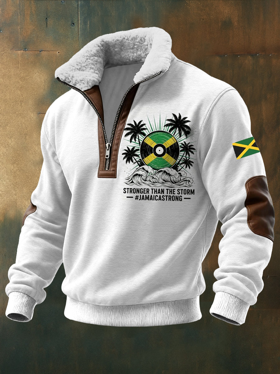 Men's Hurricane Melissa Printed Long Sleeved Stand Up Collar Lambhair Zipper Top