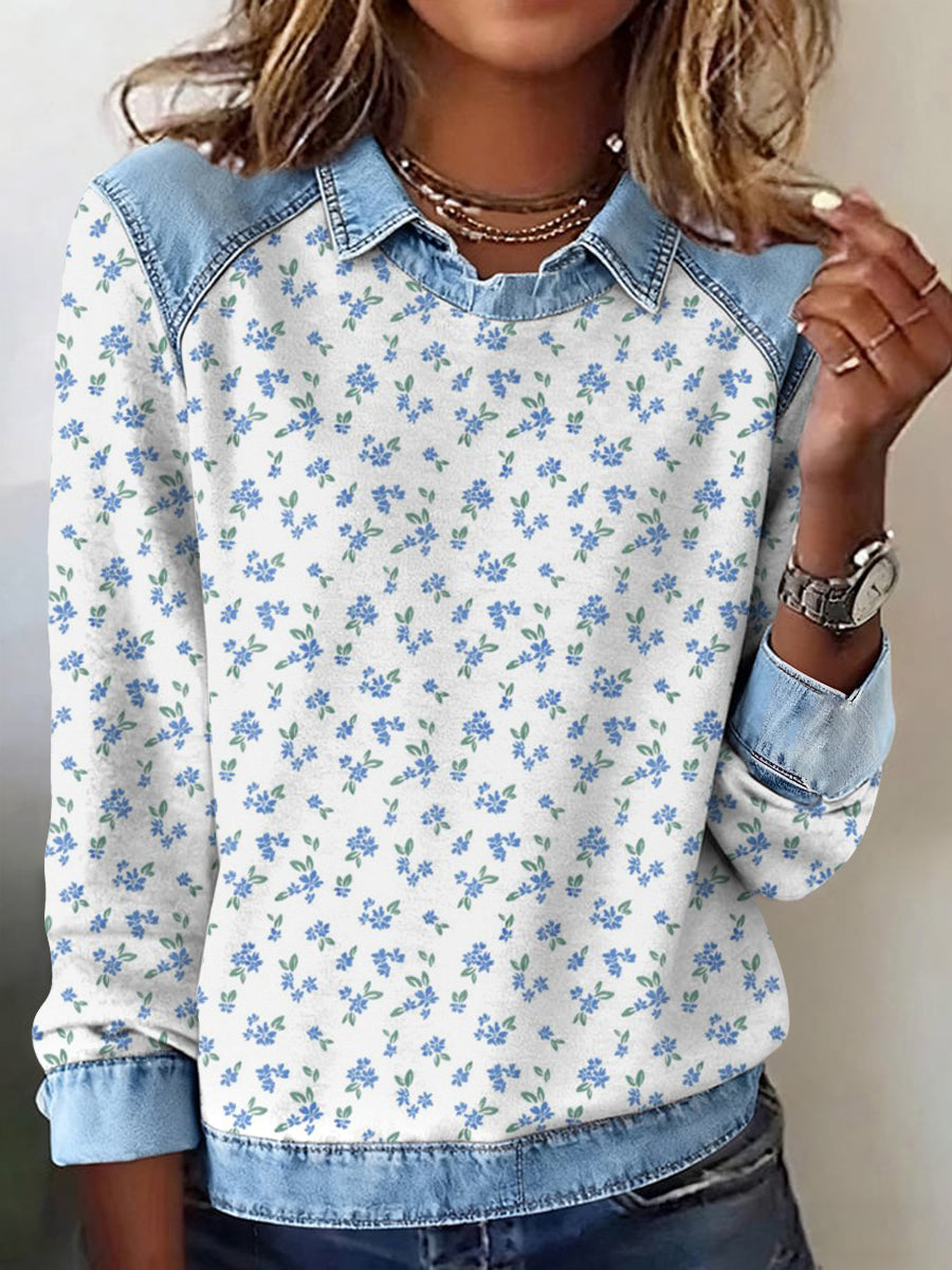 Women's Forget-Me-Not Bloom Printed Patchwork Sweatshirt