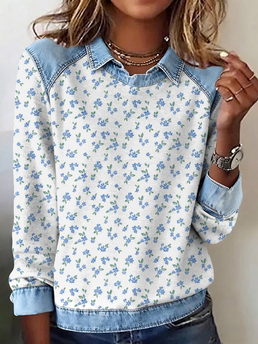 Women's Forget-Me-Not Bloom Printed Patchwork Sweatshirt