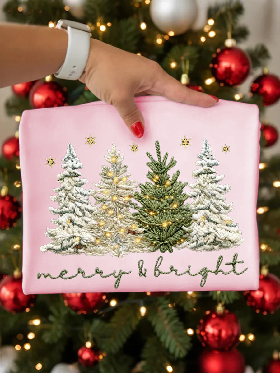 Women's Faux Yarn Merry And Bright Christmas Tree Print Casual Sweatshirt