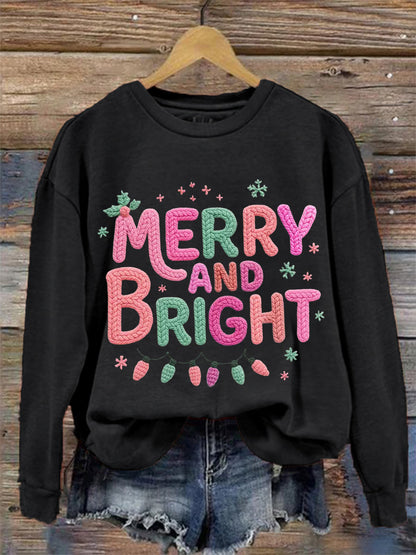 Women's Faux Yarn Merry And Bright Christmas Print Casual Sweatshirt