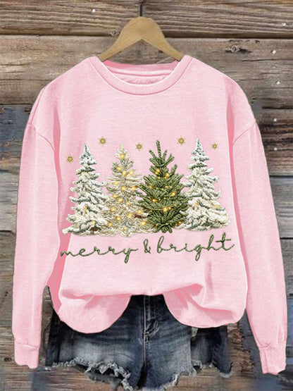 Women's Faux Yarn Merry And Bright Christmas Tree Print Casual Sweatshirt