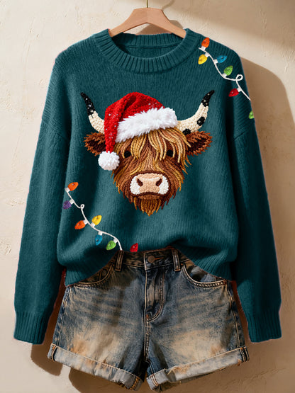 Women's Faux Yarn Christmas Highland Cow Pattern Cozy Knit Sweater