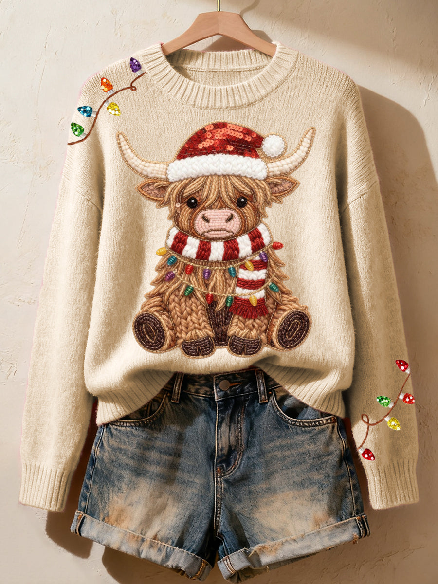 Women's Faux Yarn Christmas Highland Cow Pattern Cozy Knit Sweater