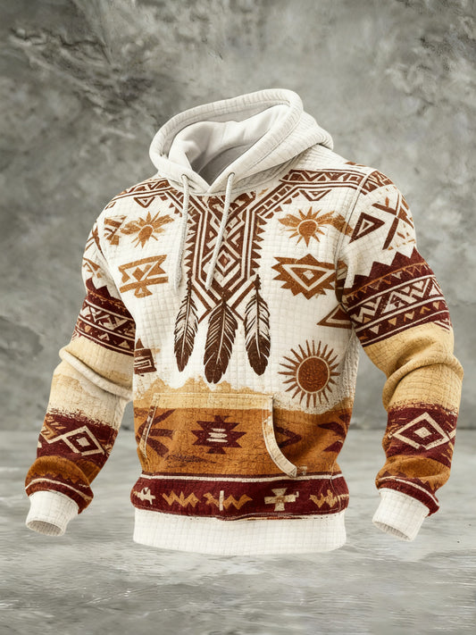 Men's Vintage Western Printed Checkered Cotton Hoodie