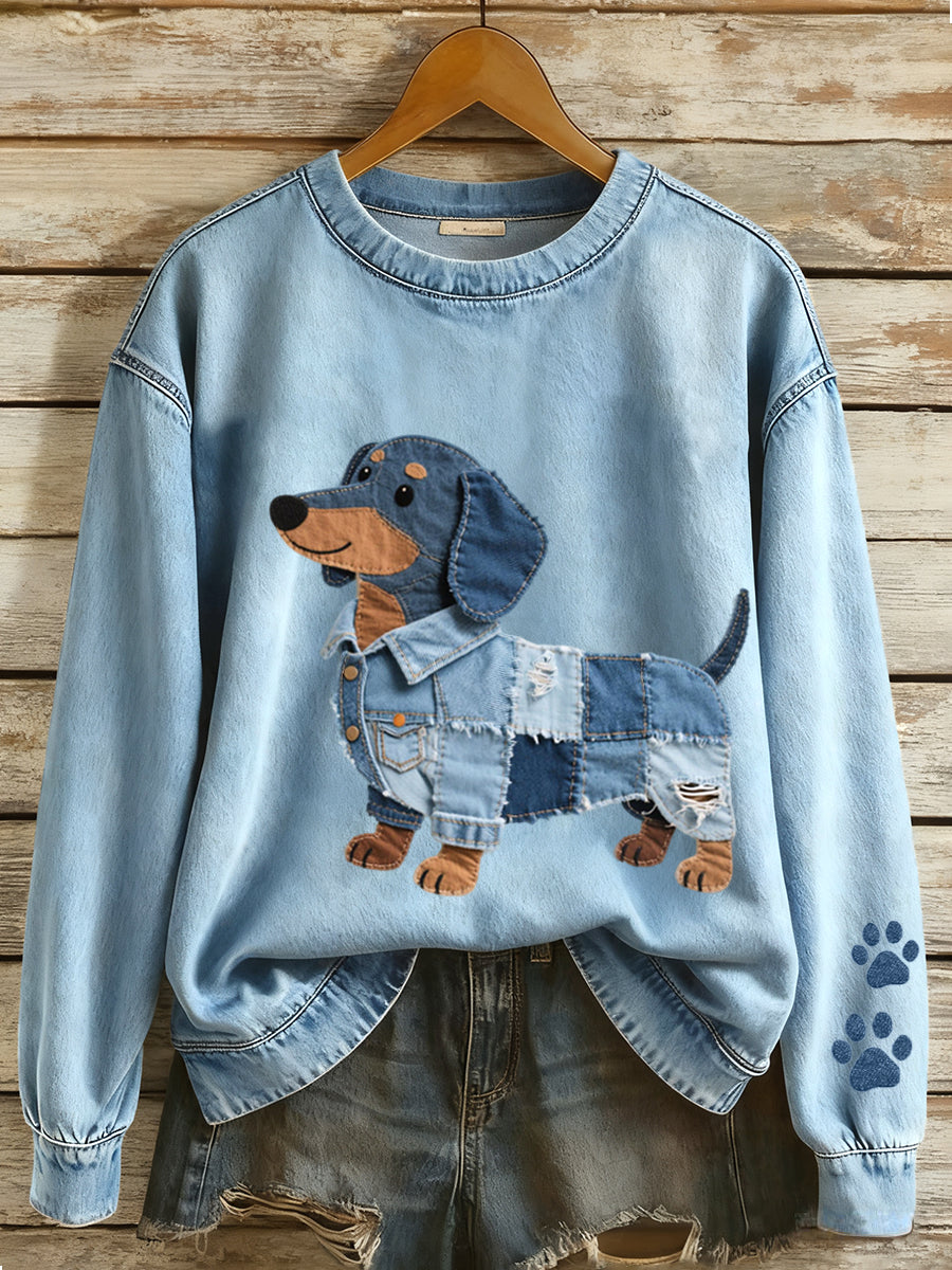 Women's Denim Patchwork Art Dachshund Dog Pattern Sweatshirt
