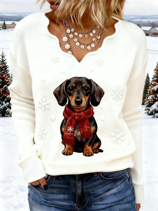 Women's Christmas Cute Dachshund Print Dog Mom Gift Casual V-Neck Top