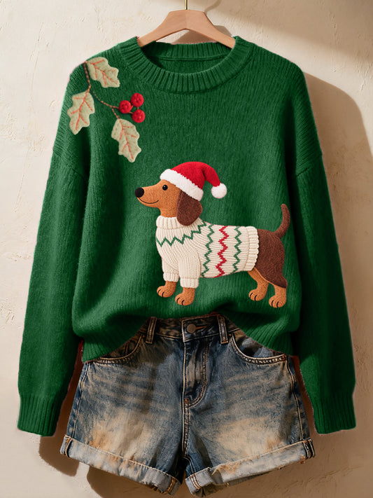 Women's Christmas Dachshund Pattern Cozy Knit Sweater
