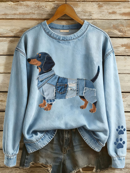 Women's Denim Patchwork Art Dachshund Pattern Sweatshirt