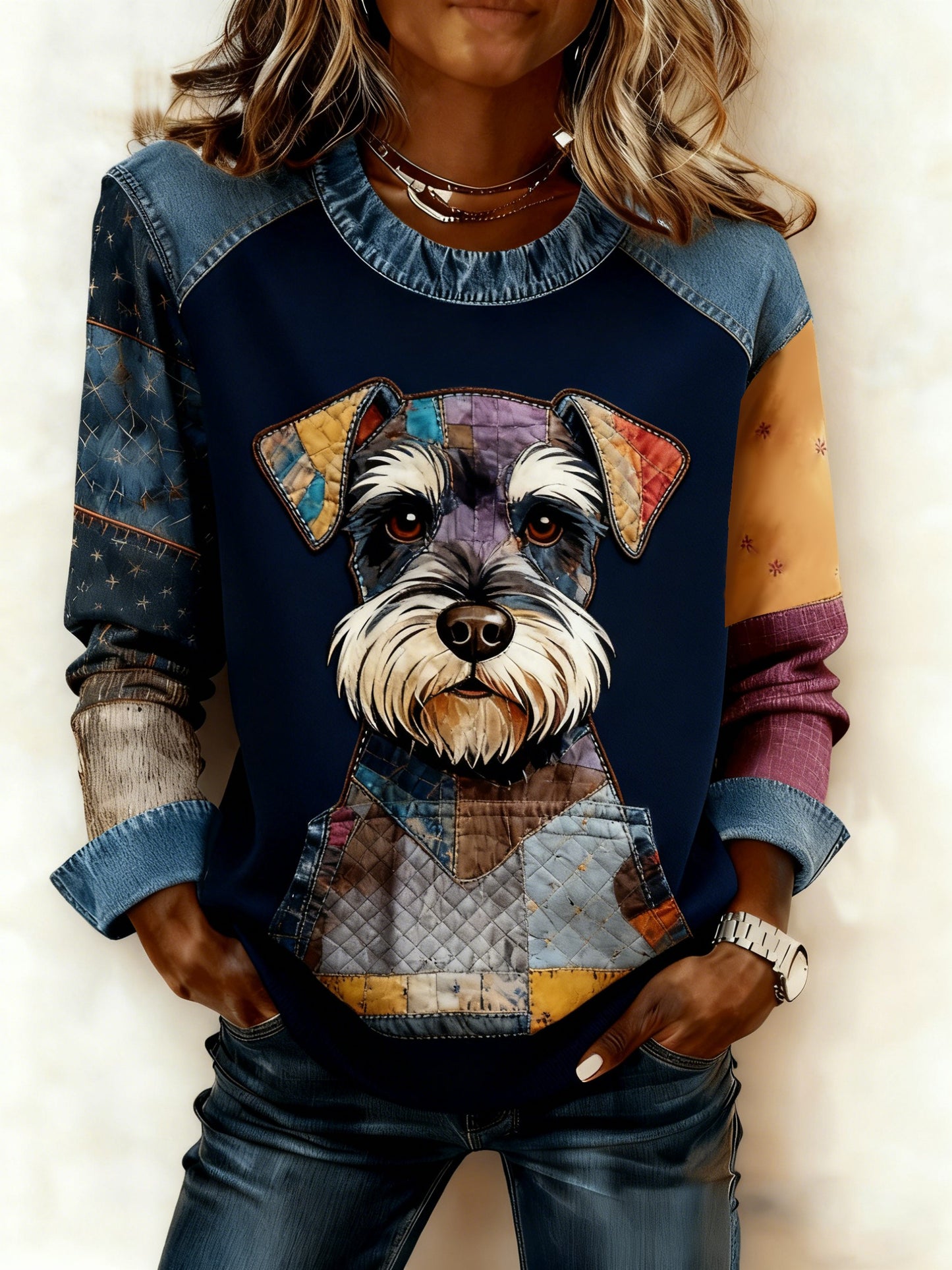 Women's Art Dog Denim Patchwork Sweatshirt