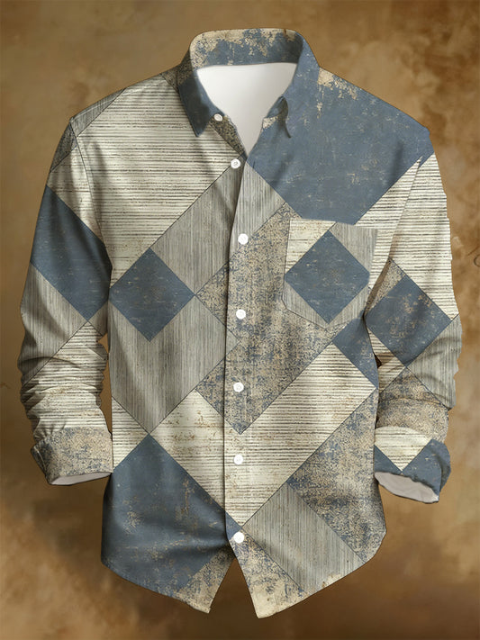 Men's Business Style Retro Distressed Printed Long-Sleeved Shirt