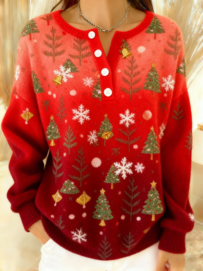 Women's Vintage Christmas Tree Bell Art Print Long-sleeve Sweater