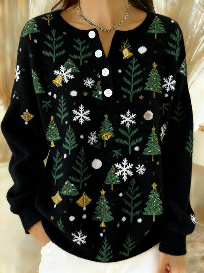 Women's Vintage Christmas Tree Bell Art Print Long-sleeve Sweater
