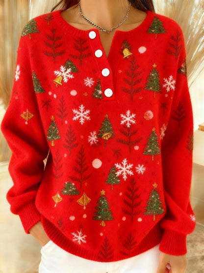Women's Vintage Christmas Tree Bell Art Print Long-sleeve Sweater