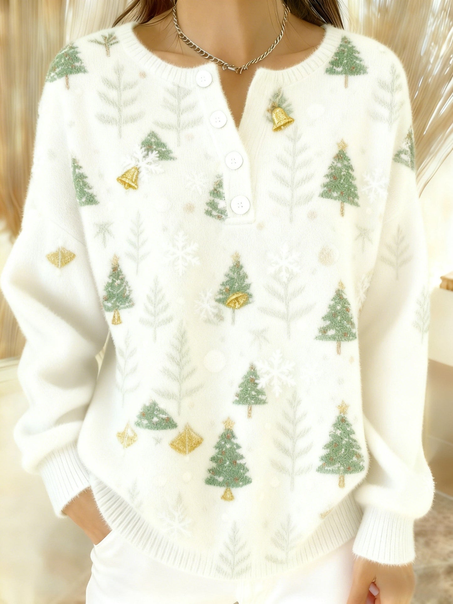 Women's Vintage Christmas Tree Bell Art Print Long-sleeve Sweater
