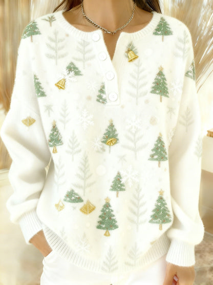 Women's Vintage Christmas Tree Bell Art Print Long-sleeve Sweater