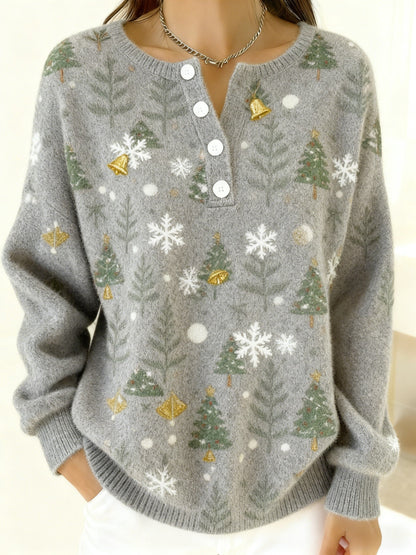 Women's Vintage Christmas Tree Bell Art Print Long-sleeve Sweater
