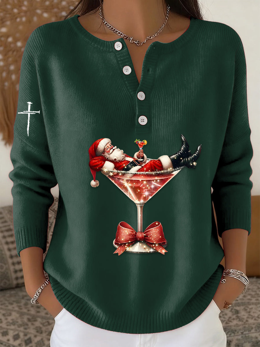 Women's Retro Faith The Santa Claus Cocktail Print Long-sleeve Sweater