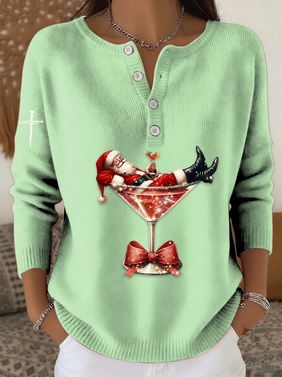 Women's Retro Faith The Santa Claus Cocktail Print Long-sleeve Sweater