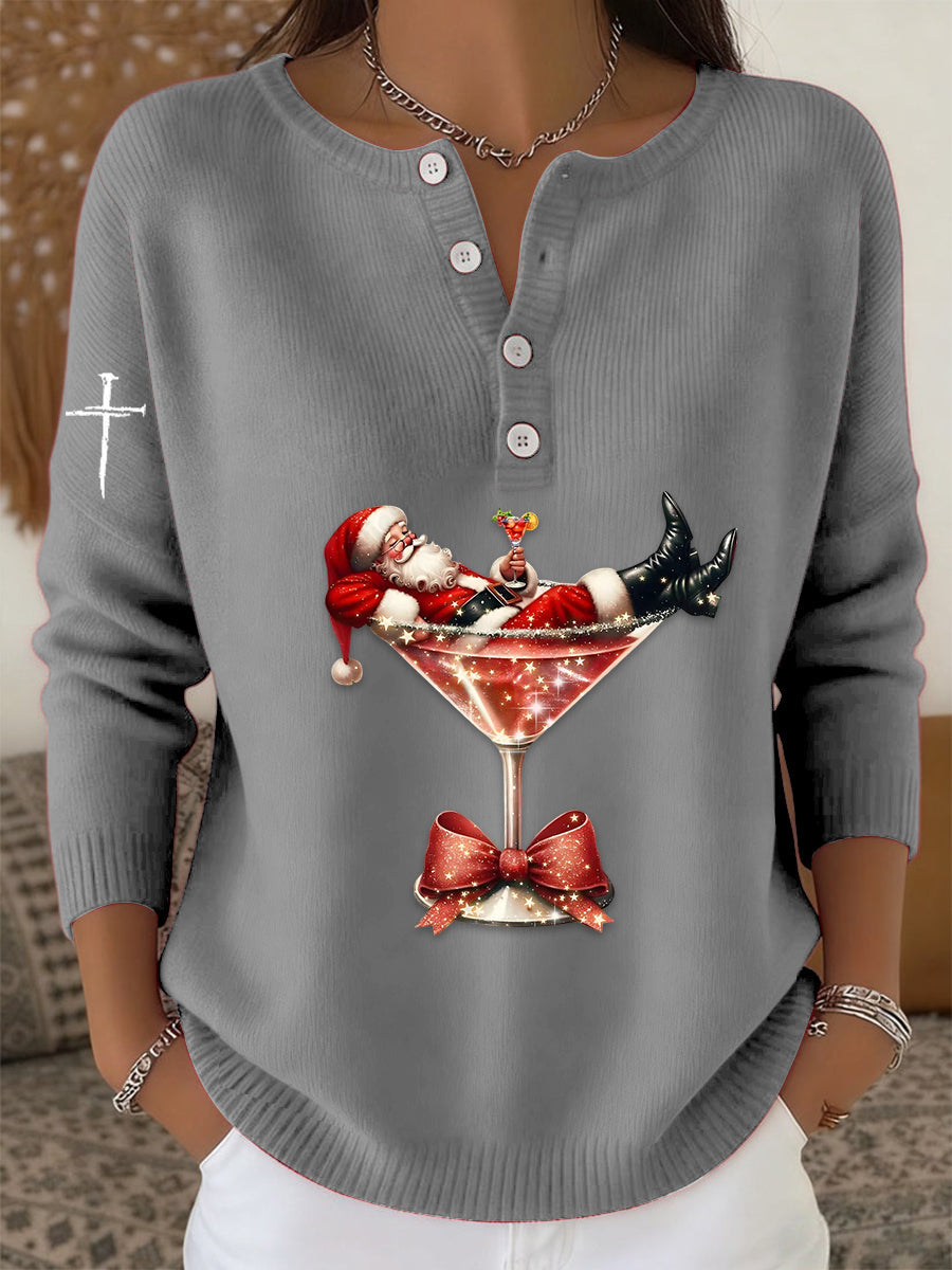 Women's Retro Faith The Santa Claus Cocktail Print Long-sleeve Sweater