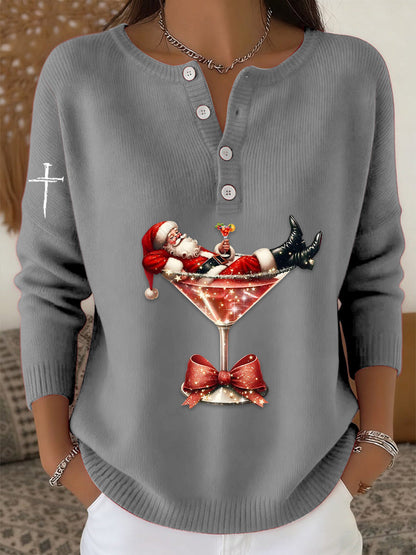 Women's Retro Faith The Santa Claus Cocktail Print Long-sleeve Sweater