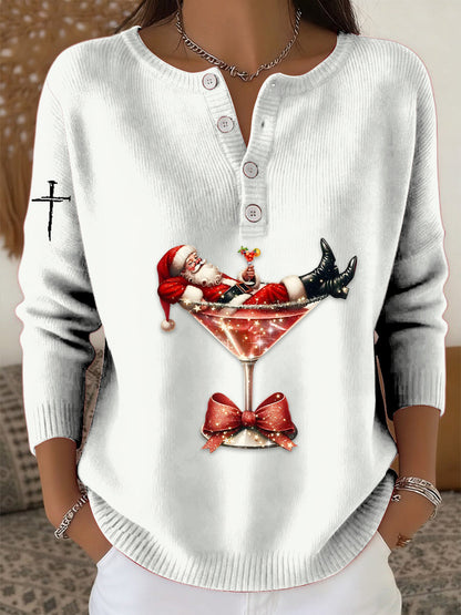 Women's Retro Faith The Santa Claus Cocktail Print Long-sleeve Sweater
