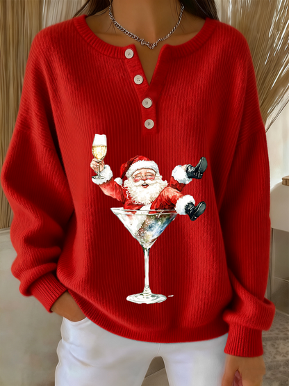 Women's Retro Faith The Santa Claus Cocktail Print Long-sleeve Sweater