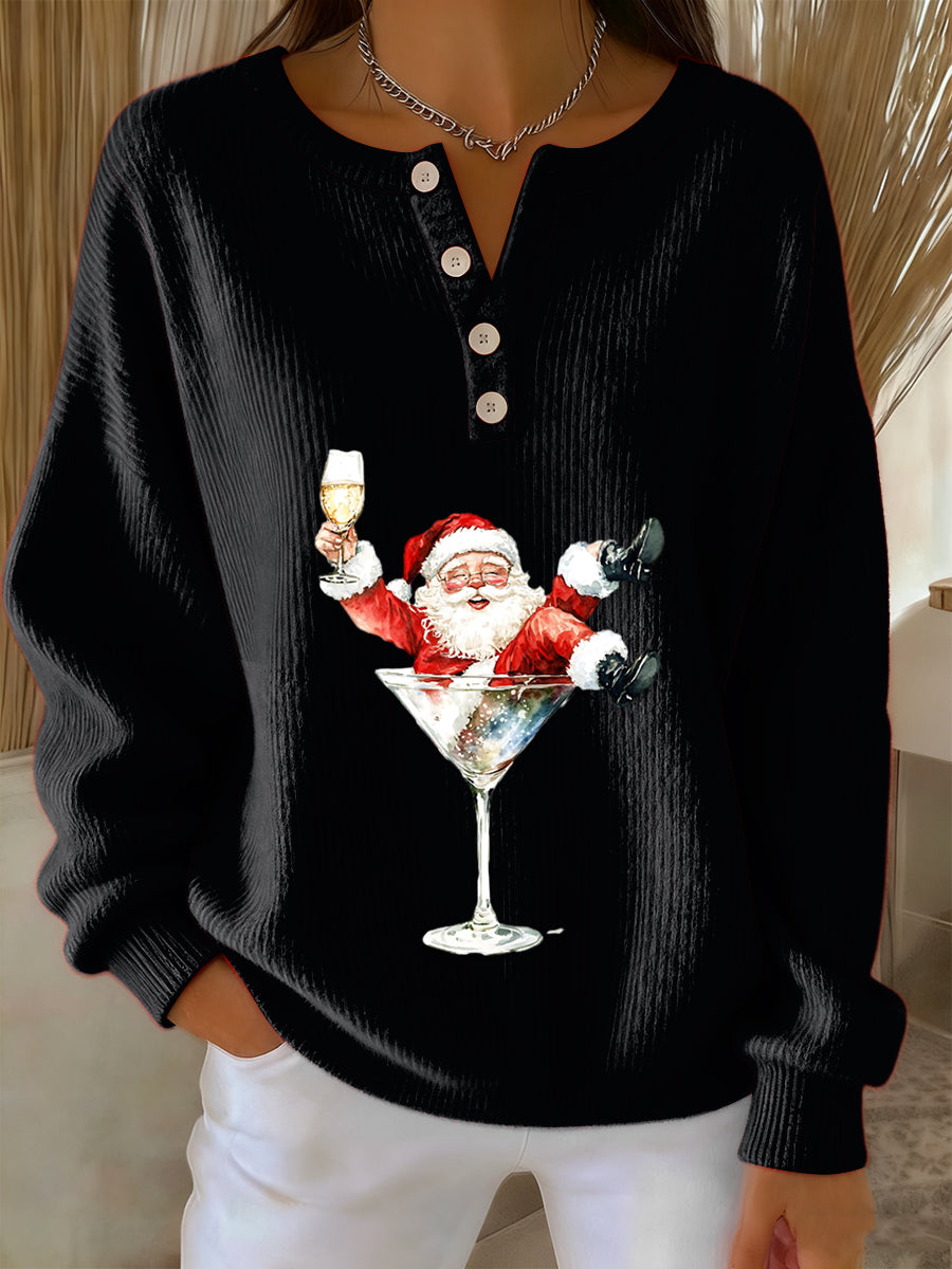 Women's Retro Faith The Santa Claus Cocktail Print Long-sleeve Sweater