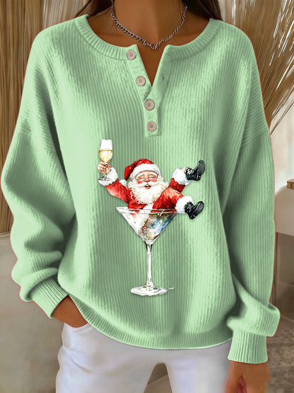 Women's Retro Faith The Santa Claus Cocktail Print Long-sleeve Sweater