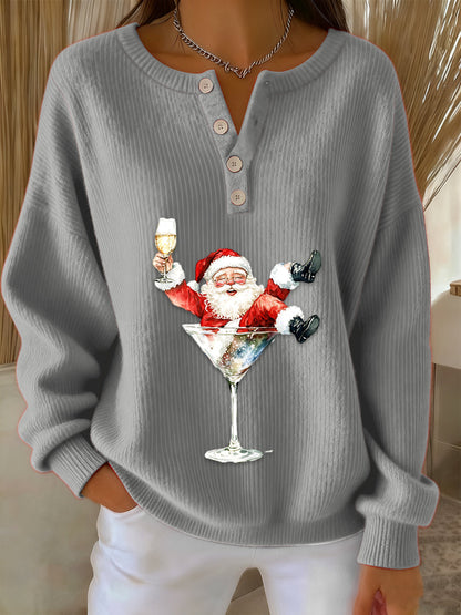 Women's Retro Faith The Santa Claus Cocktail Print Long-sleeve Sweater