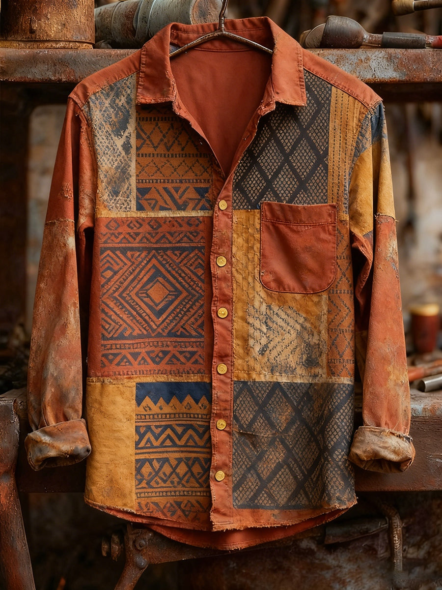 Men's Retro Art Print Casual Comfortable Long Sleeve Shirt