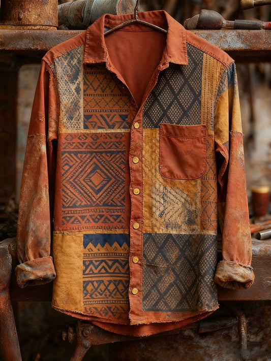 Men's Retro Art Print Casual Comfortable Long Sleeve Shirt