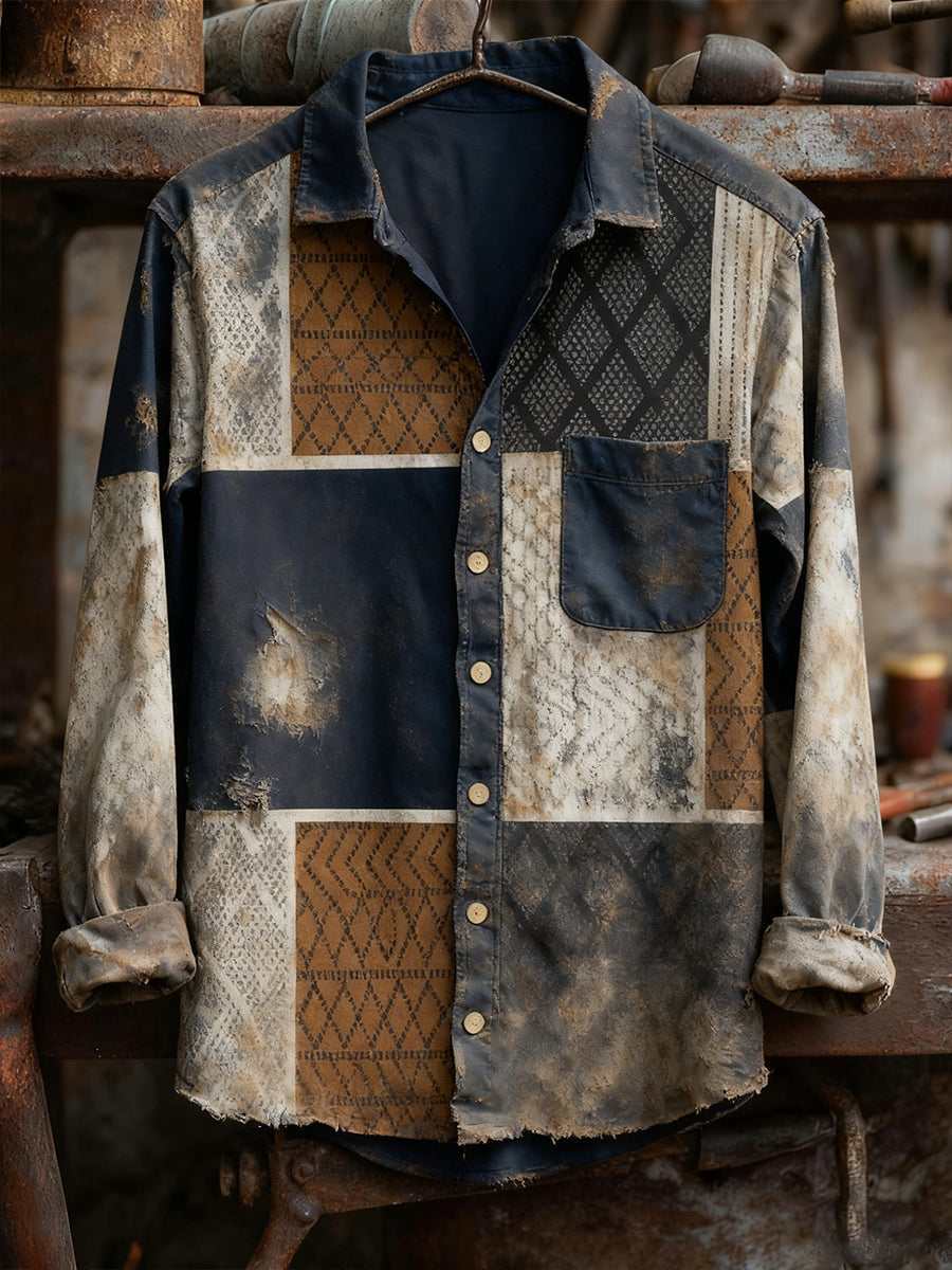 Men's Retro Art Print Casual Comfortable Long Sleeve Shirt