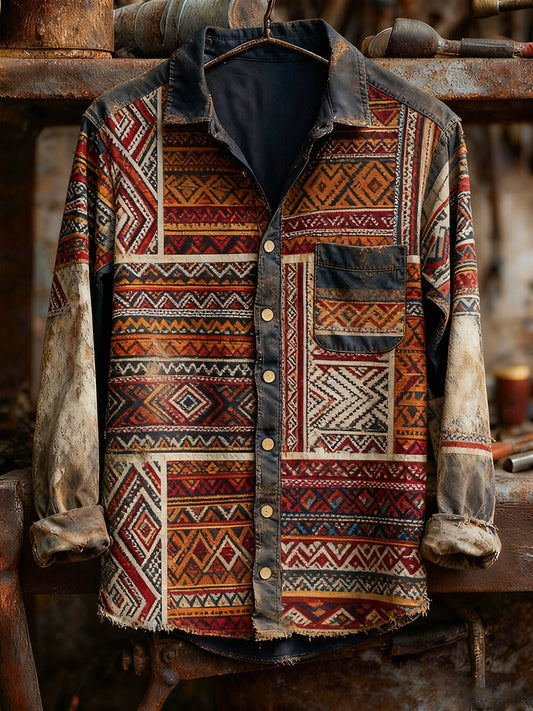 Men's Retro Art Print Casual Comfortable Long Sleeve Shirt