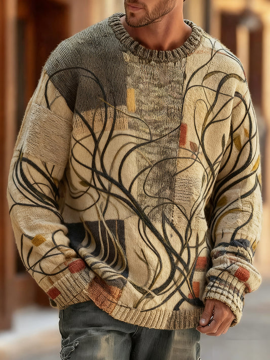 Men's Retro Abstract Art Print Comfortable Knitted Pullover Sweater