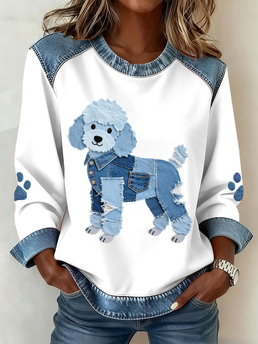 Women's Lovely Poodle Dog Pattern Denim Patchwork Sweatshirt