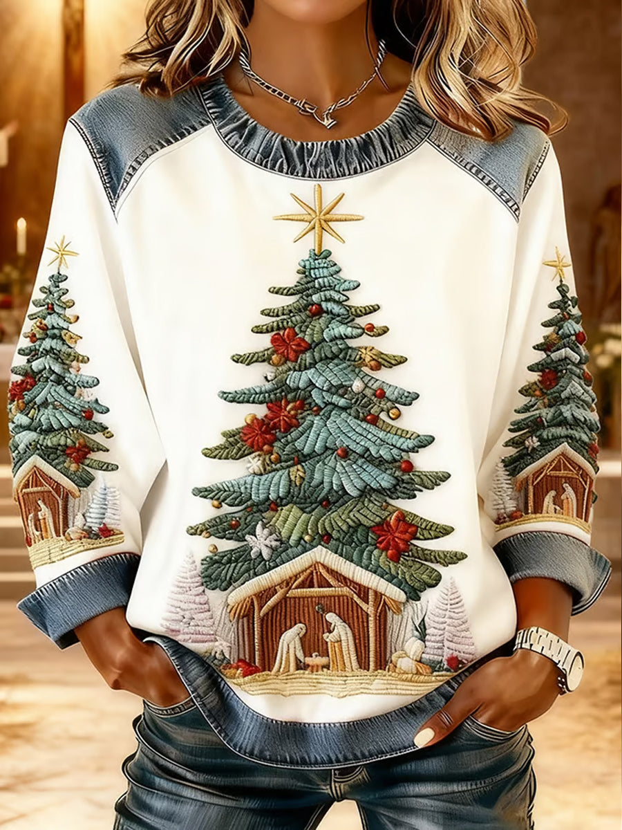 Women's Christian Nativity Scene Greatest Gift of All  Denim Patchwork Top