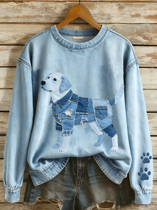 Women's Denim Patchwork Art Labrador Retriever Pattern Sweatshirt