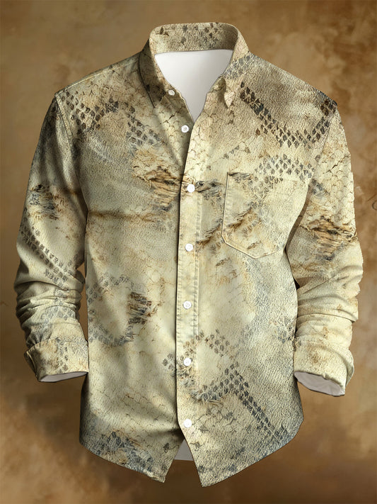 Men's Business Style Distressed Printed Long-Sleeved Shirt