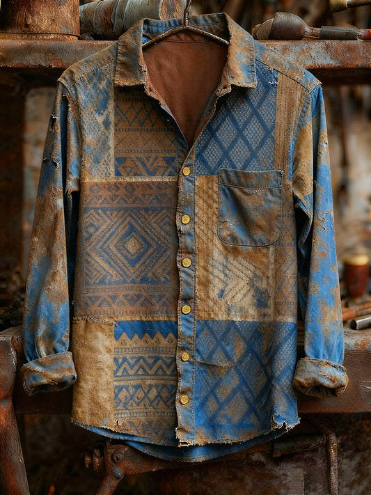 Men's Retro Art Print Casual Comfortable Long Sleeve Shirt