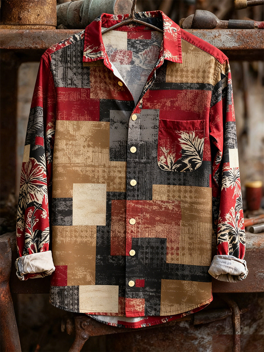 Men's Retro Art Print Casual Comfortable Long Sleeve Shirt