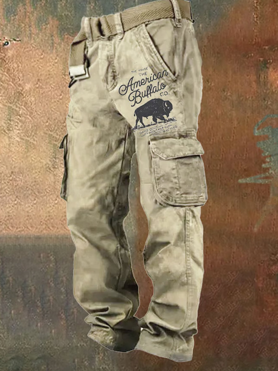 Men's Retro Art Print Multi-Pocket Multi-Functional Cargo Pants