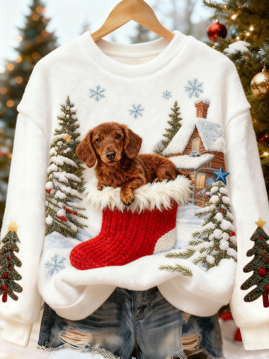 Women's Christmas Cute And Funny  Dog Pattern Flannel Hoodie