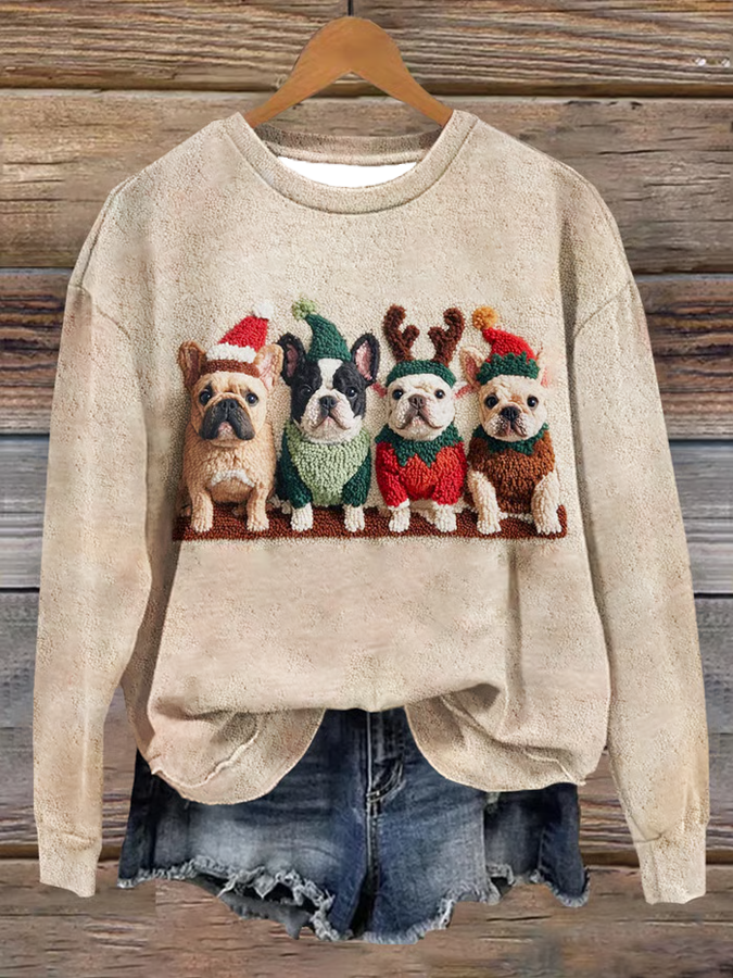 Women's Cute Dog Christmas Art Printed Regular Sweatshirt