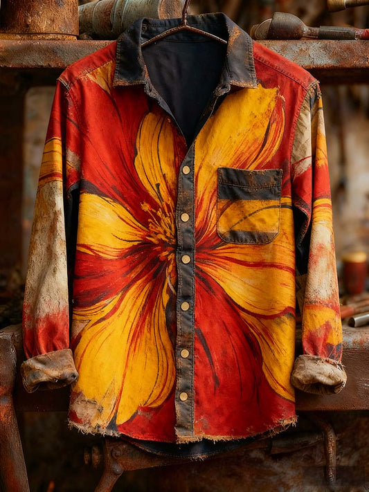 Men's Retro Art Print Casual Comfortable Long Sleeve Shirt