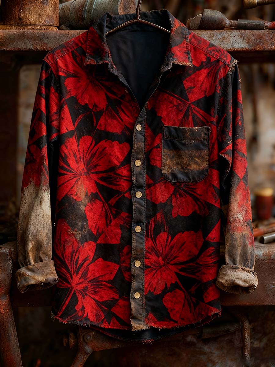 Men's Retro Art Print Casual Comfortable Long Sleeve Shirt