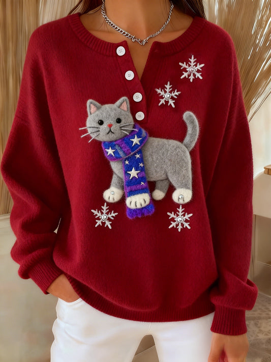 Women's Retro Christmas Fuzzy Adorable Fun Scarf Cat Print Long-sleeve Sweater