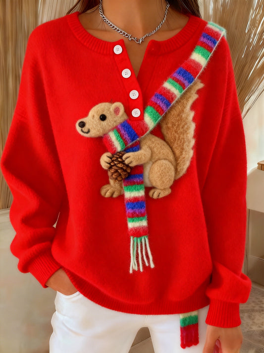 Women's Retro Christmas Cute Fun Snowflake Scarf Squirrel Art Print Buttoned Cardigan Sweater
