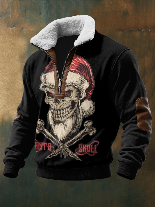 Men's Gothic Santa Claus Printed Long Sleeved Stand Up Collar Lambhair Zipper Top